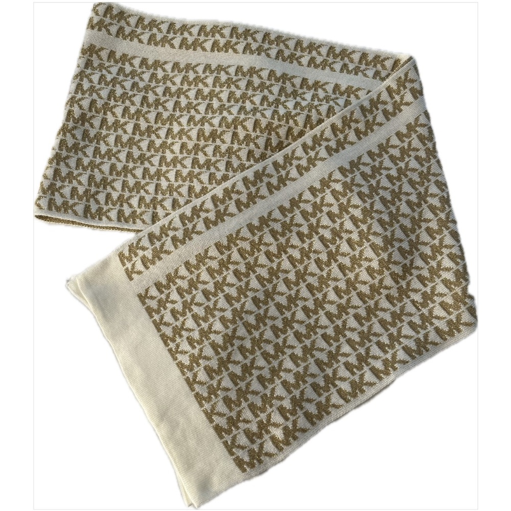 Michael Kors MK Logo Women Scarf Gold/Ivory Cream Metallic